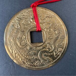 Feng Shui 1 Large Hanging Coin with Red Rope. Dragon & Phoenix & Chinese Writing